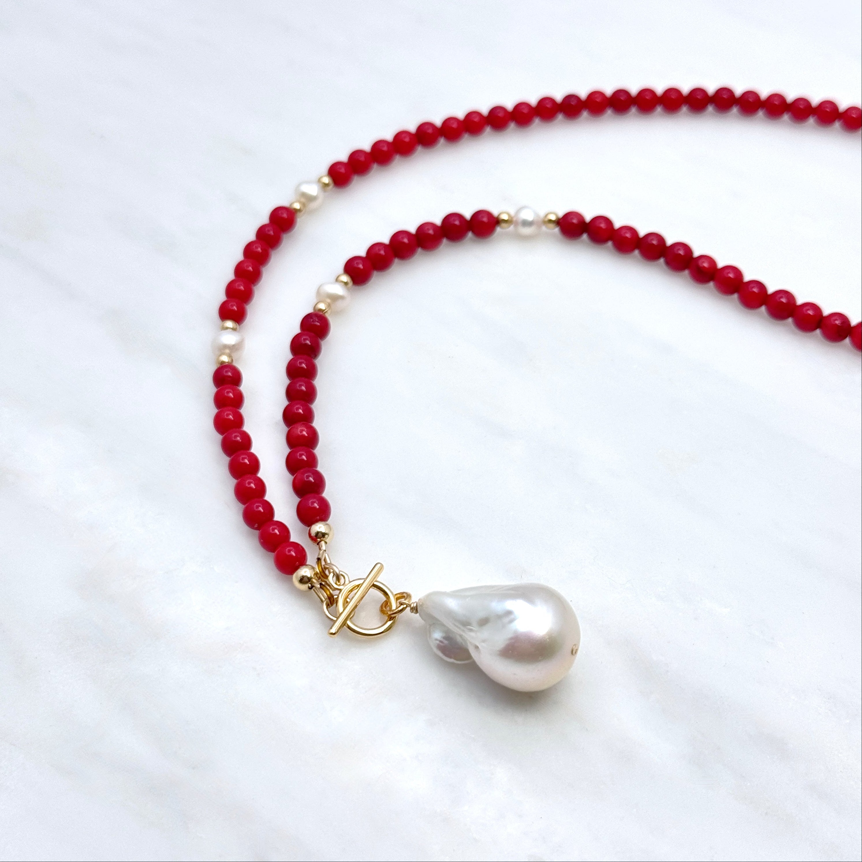 Red Coral & Baroque Pearl Toggle Necklace