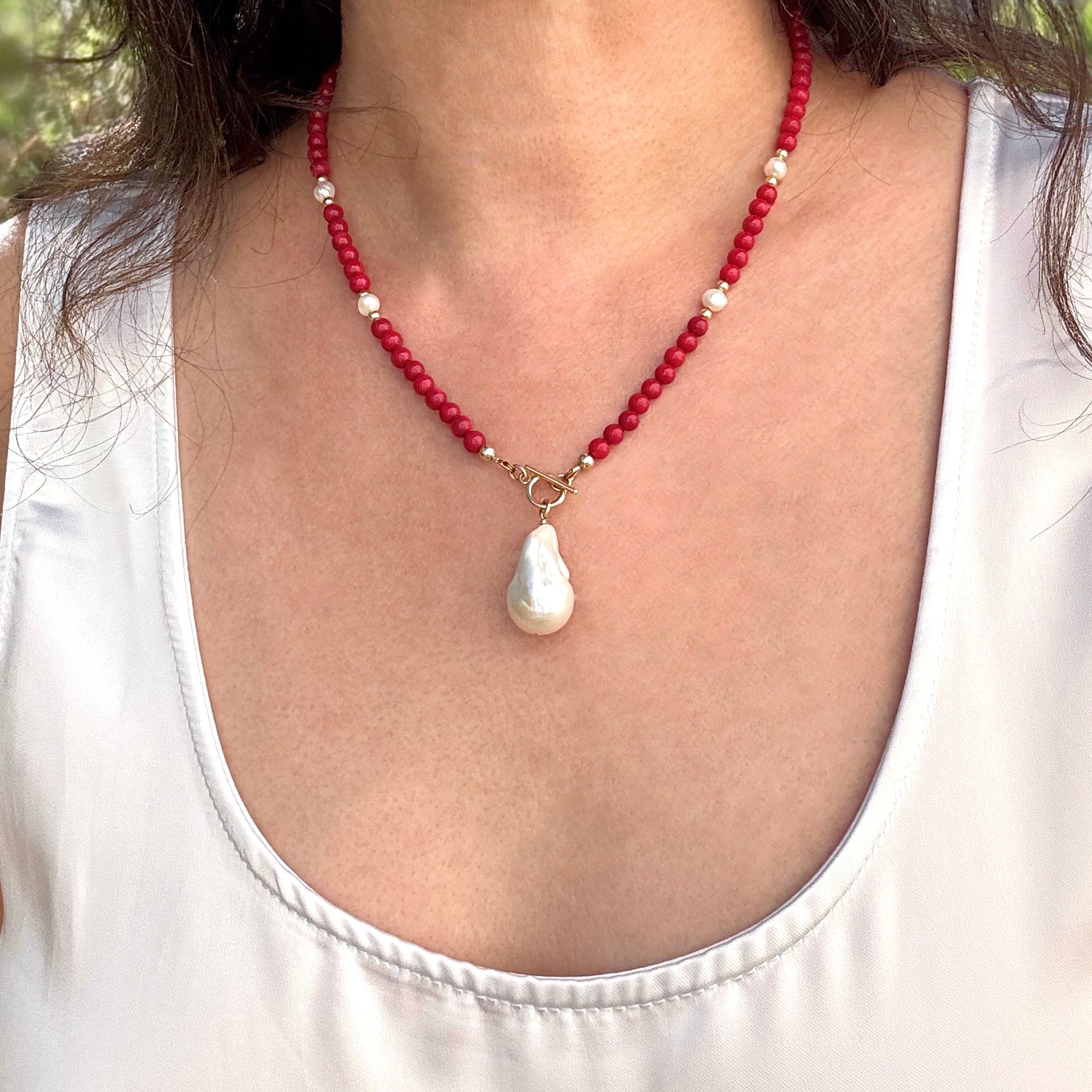Red Coral & Baroque Pearl Toggle Necklace