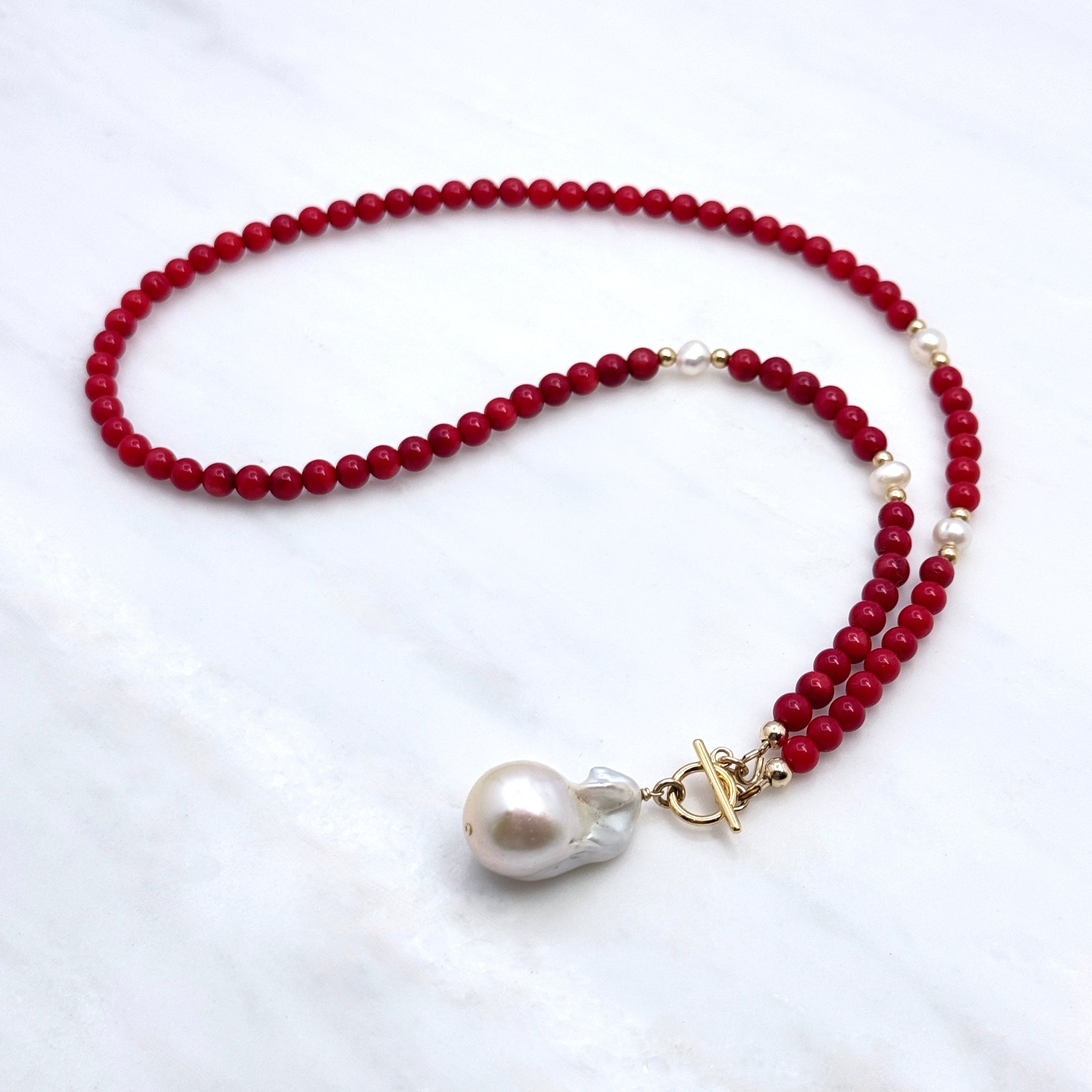 Red Coral & Baroque Pearl Toggle Necklace