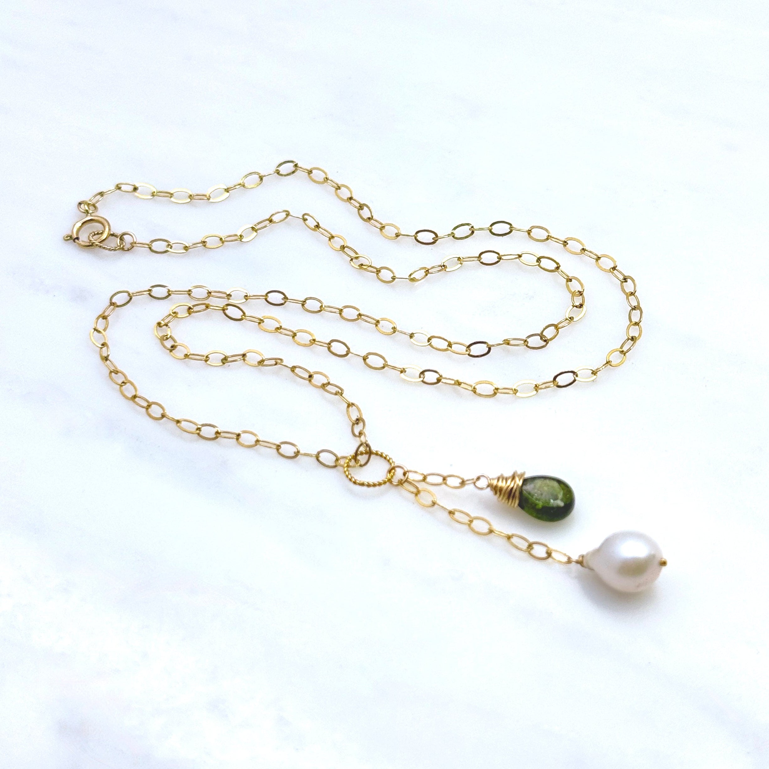Green Tourmaline & Pearl Gold-Filled Necklace