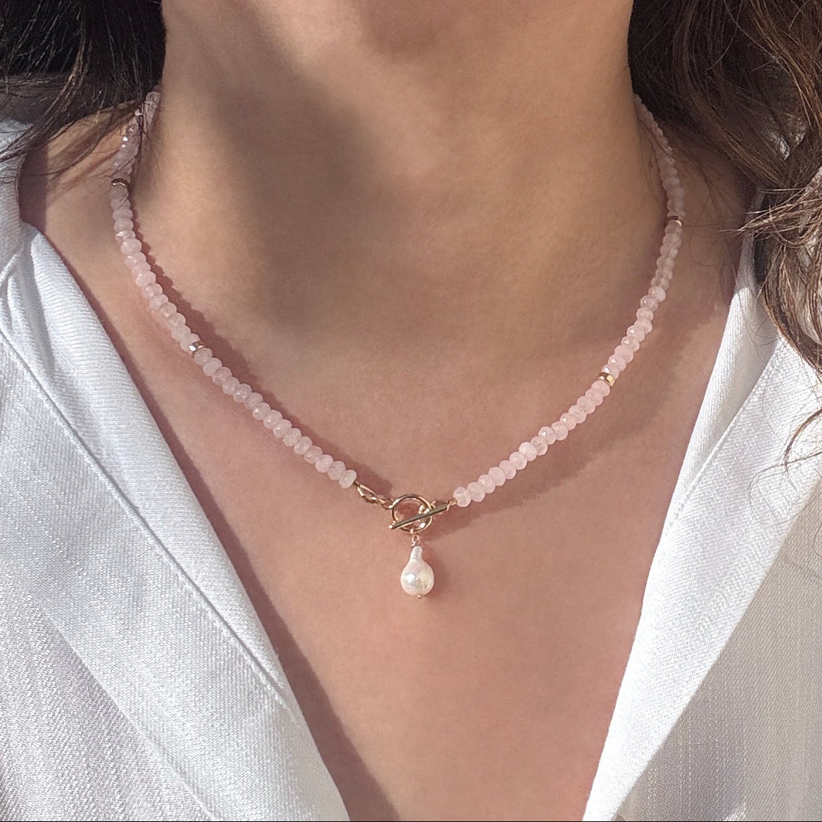 Rose Quartz & Baroque Pearl Toggle Necklace