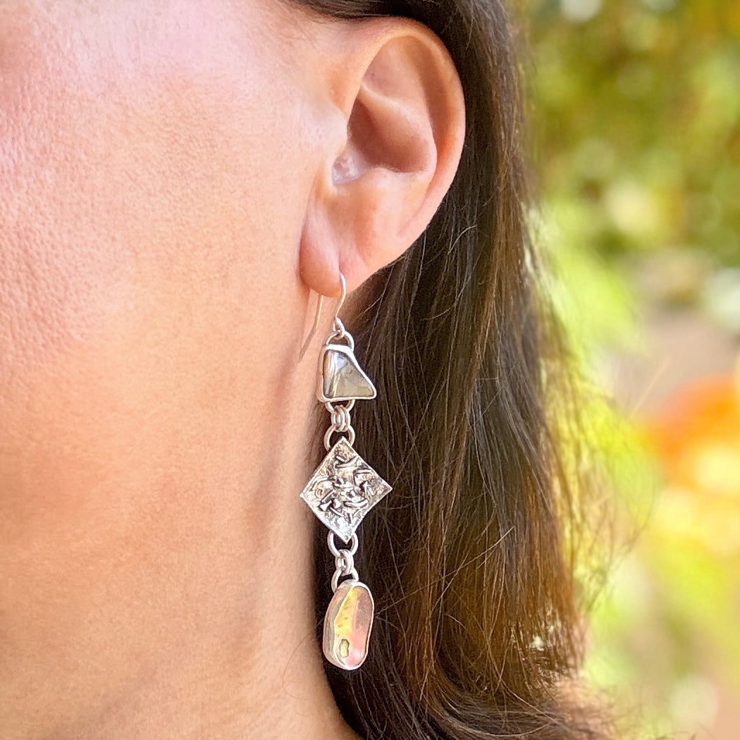 Abalone & Textured 925 Silver Drop Earrings