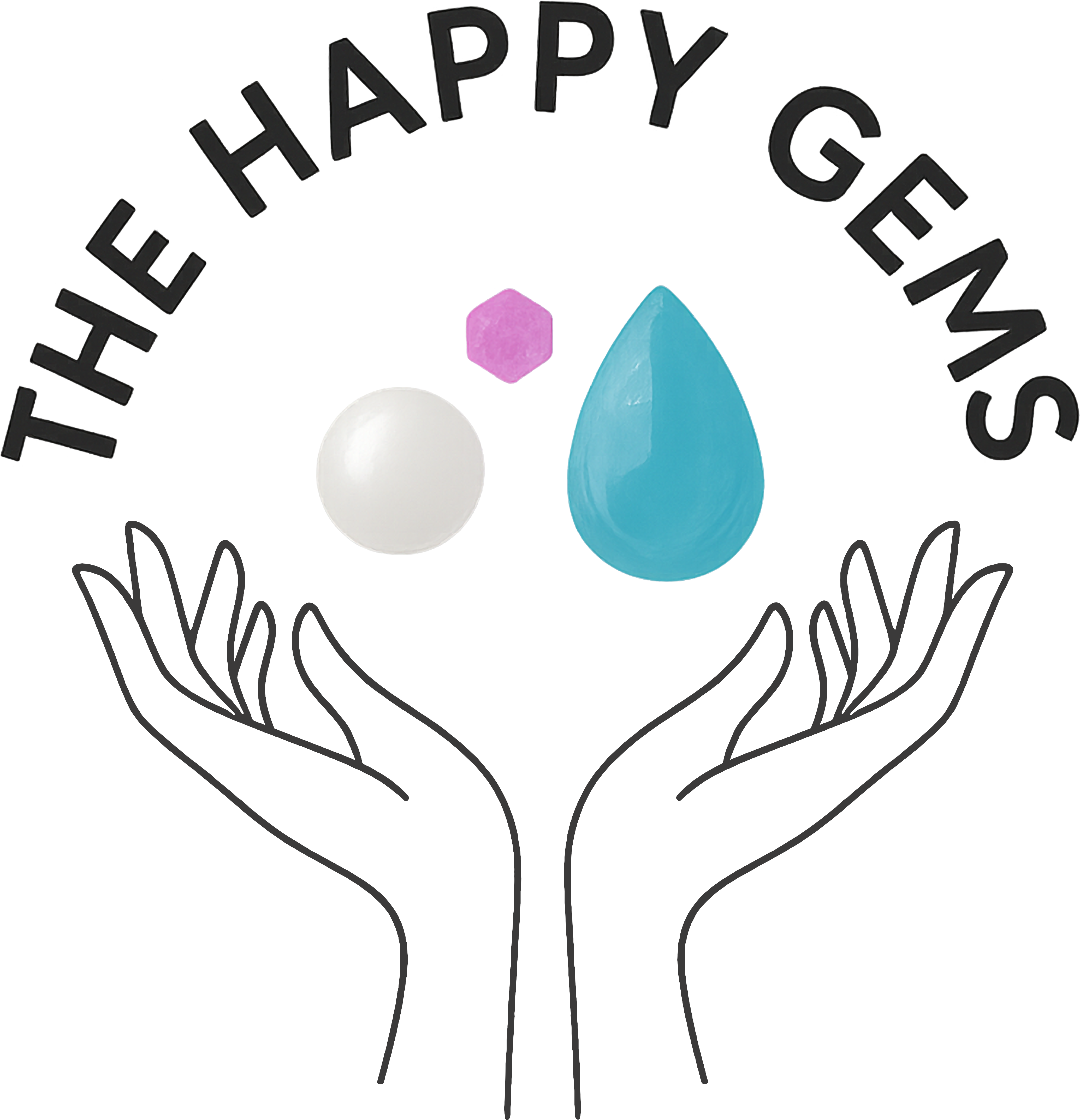 Logo of 'The Happy Gems' with hands tossing into the air a pearl, a gemstone in the shape of a teardrop, and a pink gemstone.