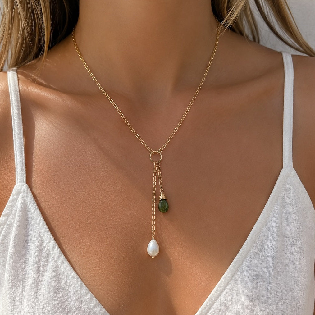 Green Tourmaline & Pearl Gold-Filled Necklace