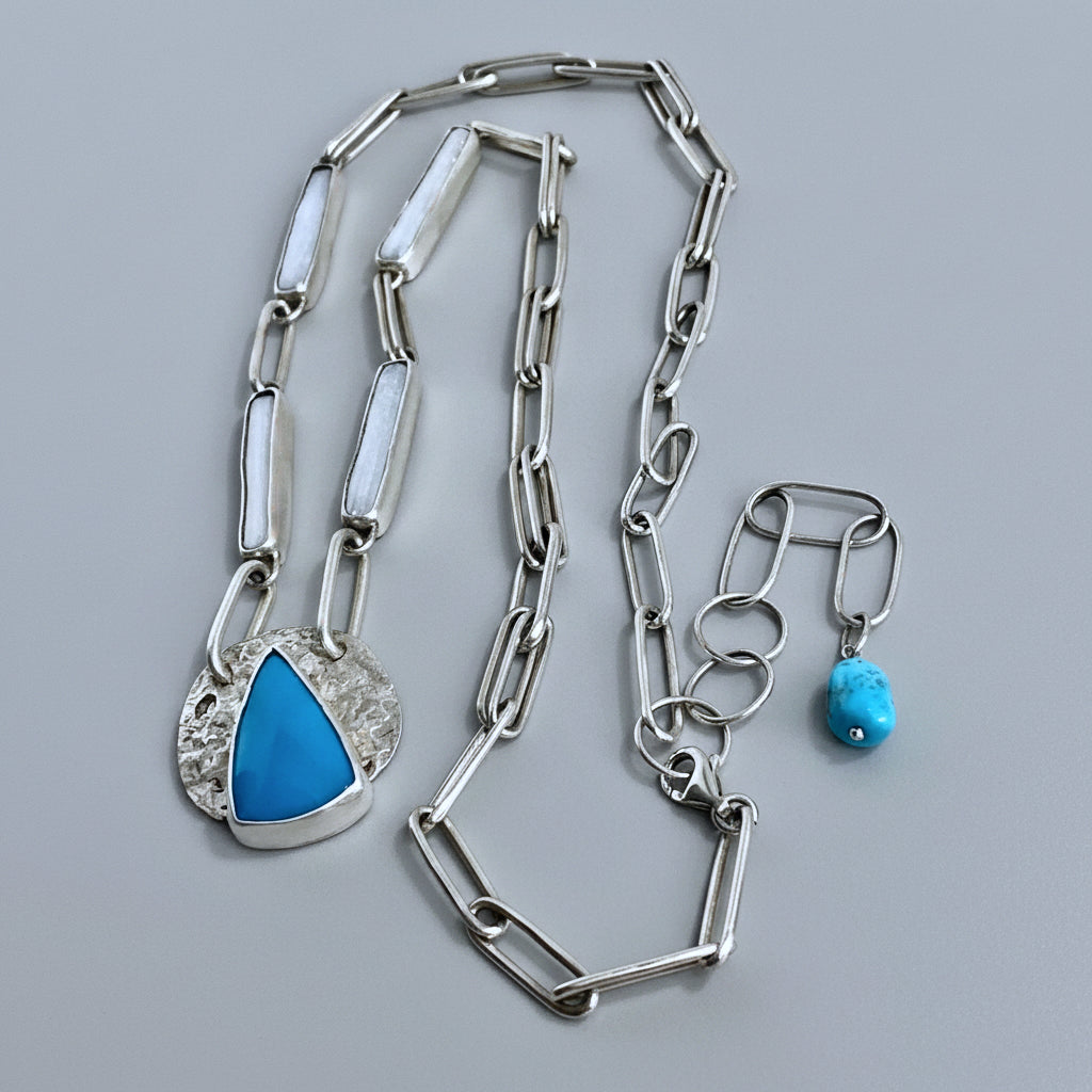 Turquoise & Pearl 925 Silver Link Necklace