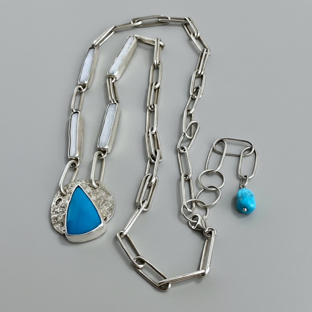 Turquoise & Pearl 925 Silver Link Necklace