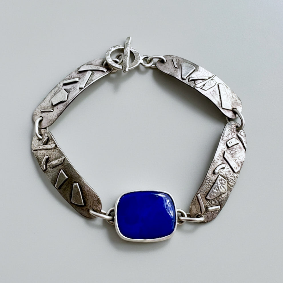 Sterling Silver Lapis Textured Link Bracelet