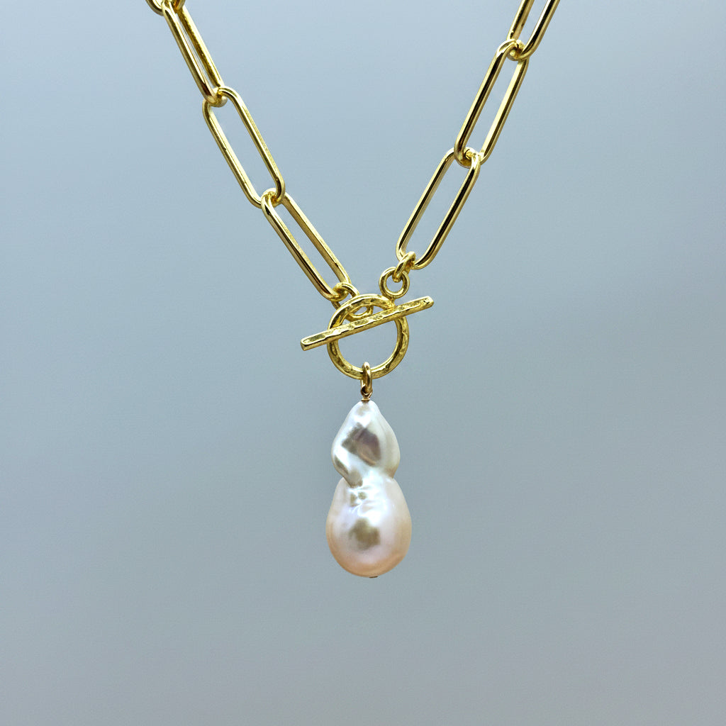 Large White Baroque Pearl Toggle Necklace